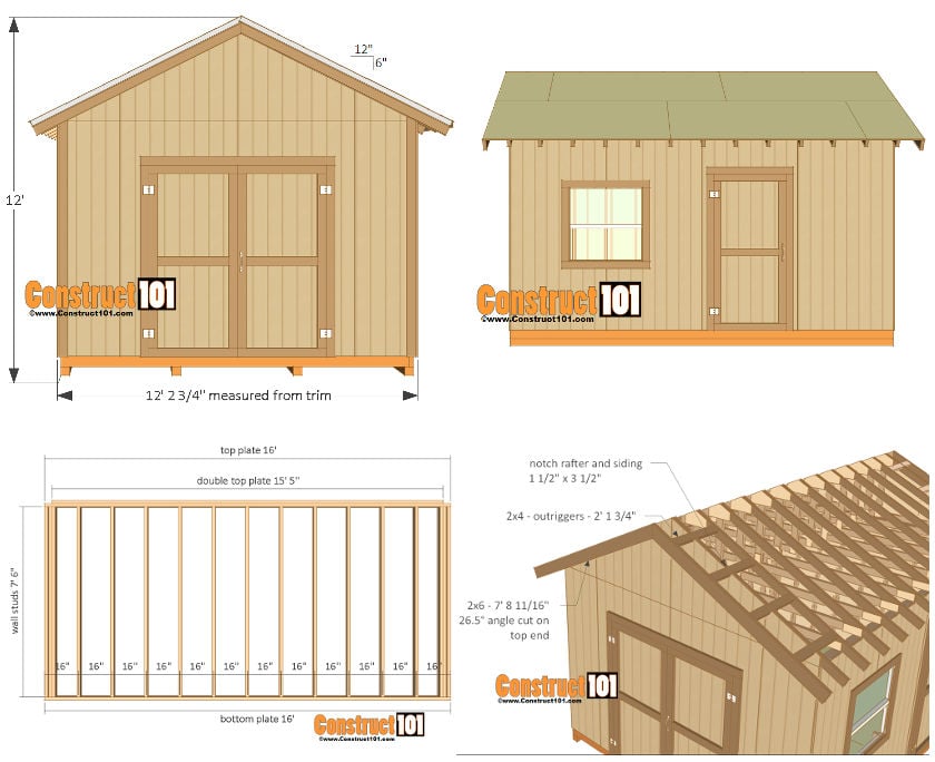 A 12x16' backyard shed plan from Construct101 which has a gable roof and detailed looks at the timber walls and roof construction.