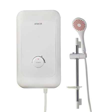 Marketing picture of an Atmor 6 kW electric tankless shower system.