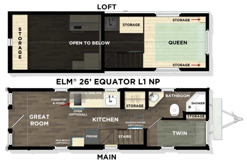 Tumbleweed's Elm Equator 26' floor plan, showing ground and loft floors.