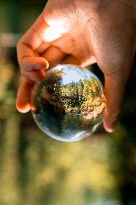 A man holding a sphere showing the earth and the environment, with some greenery in the blurred background too.