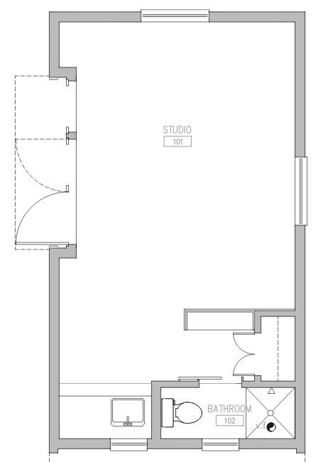 Floor plan from Jim Burton Architecs for their backyard box which contains a sink and toilet, along with a living/working area.