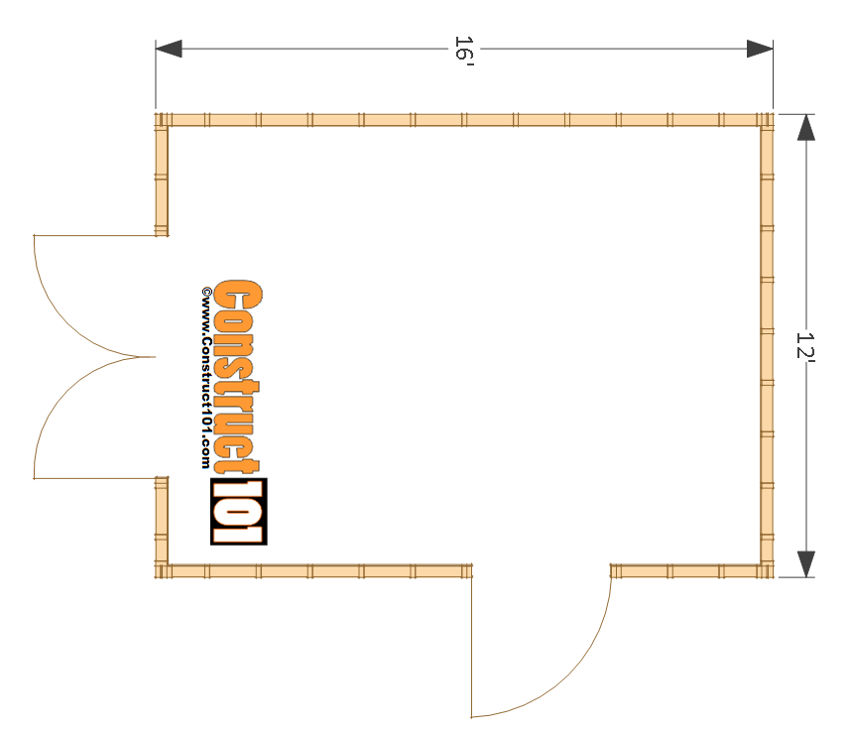 Construct101's free 12x16' shed plans which will work well as a backyard office/studio space, especially with the two door design which will increase accessibility and light.