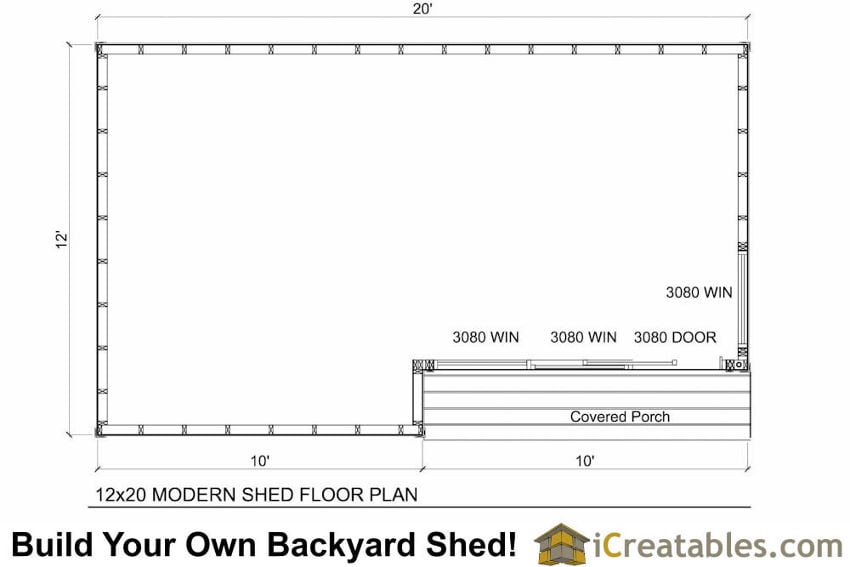 iCreatables' 12x20 M1 shed/office plan which outlines door/window locations, and has an inset in the design to house a covered porch area.