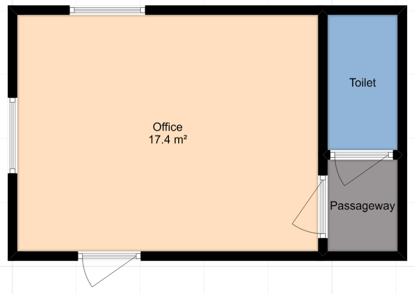 An improved floor plan with a good size office area and then a small toilet/bathroom area to the right: but only accessible via a separate passageway.
