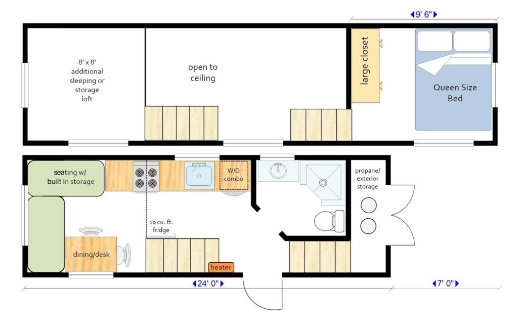 A 24+10' gooseneck tiny house floor plan from MitchCraft, with a large full head-height master bedroom.