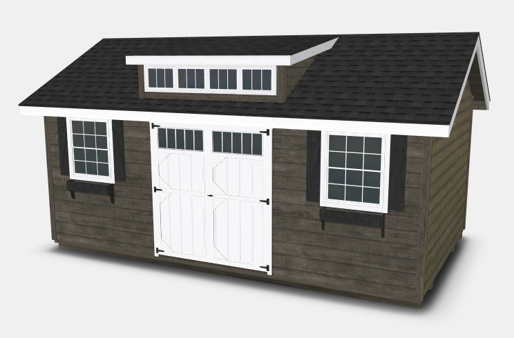 Woodtex's Heritage shed with a gable roof and dormer window, which will work well as a backyard office.
