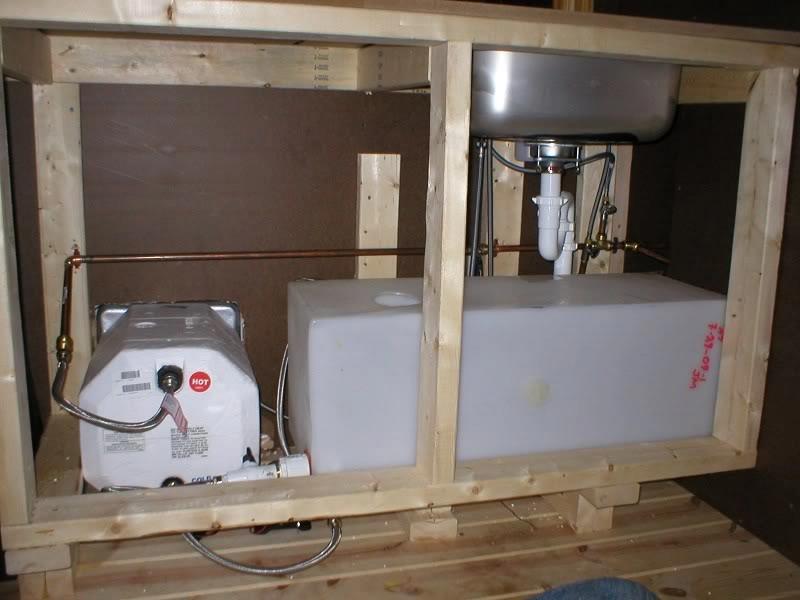 A water tank under the sink, hooked up to various systems and a pump for the rest of the house's water supply, from John at Grungy (old LiveJournal site).